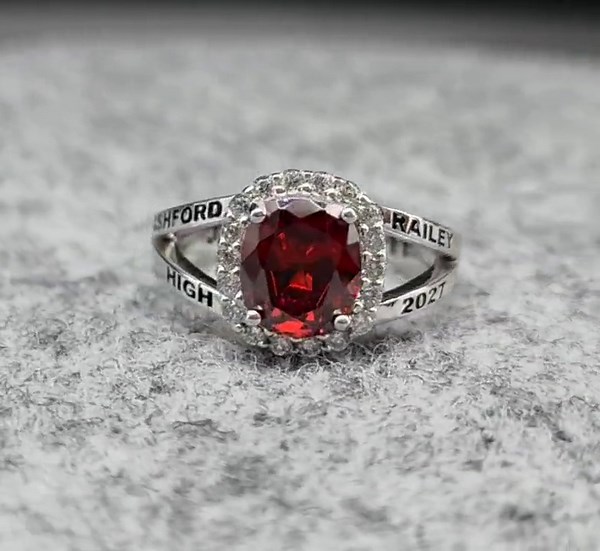 Personalized Red Garnet Class Ring, High School Graduation Halo Ring, Engraved Name Year