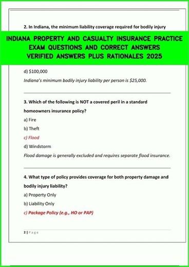 INDIANA PROPERTY AND CASUALTY INSURANCE PRACTICE EXAM QUESTIONS AND CORRECT ANSWERS VERIFIED ANSWERS