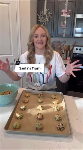 SANTA’S TRASH COOKIE RECIPE ⬇️🎅🏽 Beat together 3/4 cup softened butter, 1/2 brown sugar and 1/2 cup granulated sugar Add in 2 1/4 cup flour, 1 teaspoon baking soda, 1 teaspoon cornstarch and 1/4 teaspoon salt. Mix. Add 2 eggs and 1 teaspoon vanilla extract. Fold in red and green M&Ms, milk, sprinkles, chocolate chips, about half a cup crushed pretzels, and potato chips! Roll into roughly 2 inch balls with your hands. Place on baking sheet and bake on 350° for 10-12 minutes. Allow to cool on ba
