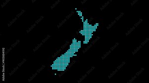 New Zealand digital map. Map of New Zealand in dotted style. Shape of the country filled with rectangles. Elegant video.