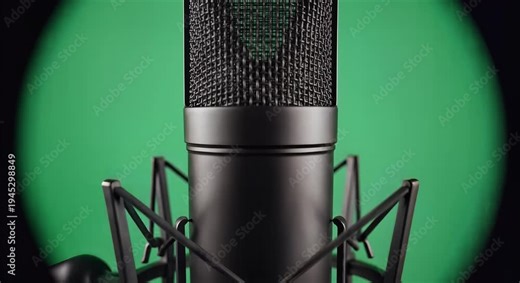 studio condenser microphone on green screen for podcasting and voiceover