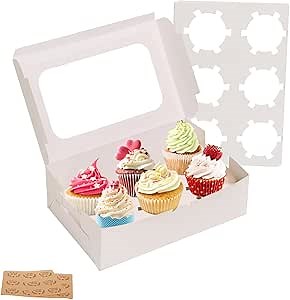 Yeplan 50 Packs Cupcake Boxes,9.4x6.1x3.14 Inches 6 Count Cupcake Box,White Cupcake Containers with Clear Window and Six Treat Holder,Pastry and Cookie Boxes,Bakery Boxes