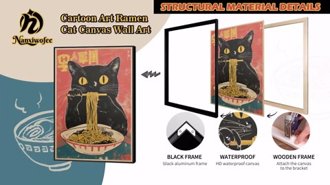 Nanxiwofee Vintage Japanese Cat Canvas Wall Art, Quirky Black Cat Eating Ramen Poster, Retro Funny Animal Food Art Print, Unique Kitchen Dining Room Wall Decor, Noodle Lover Gift 8x12in Unframed