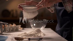 A female baker sifts flour through a sieve, creating a fine cloud. Careful preparation of baking ingredients on a rustic kitchen table with eggs, utensils