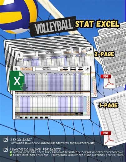 Volleyball Stat Tracker Excel Sheet & Printable PDF Forms | 2-form Volleyball Stats Sheet   1-page Combo | Digital Download for Coaches - Etsy