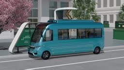 Electric bus enter a bus station, charging by high power pantograph...