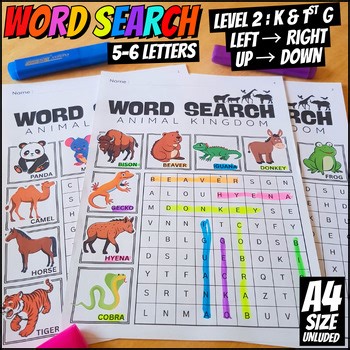 Animal Word Search Level 2 Puzzle Ages 5–7 | K & 1st Grade, US & A4 Size paper