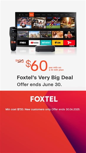 Foxtel’s Very Big Deal, on now! Get AFL, NRL, F1® and Netball live in 4K Ultra HD, world class dramas, the best Lifestyle shows, Foxtel Originals, and now with Max included, all in one place. Offer ends 30.06.2025. | Foxtel | Facebook