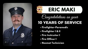 Today we celebrate Firefighter Eric Maki on his 10th anniversary with the Mason City Fire Department! Originally from Chaska, Minnesota, Eric began his career with the Chaska Fire Department before joining MCFD on November 4, 2015. He earned his Firefighter I & II and Hazmat Operations certifications from Hennepin Technical College, and later earned his Paramedic certification from Iowa Western College in Spencer, Iowa. Along with his strong fire and EMS background, Eric has become our departmen