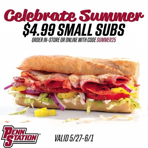 525 reactions · 145 shares | Get any Small Sub for Only $4.99! Order In-Store or Online with Code: SUMMER25 https://rewards.penn-station.com/summer25 | Penn Station East Coast Subs | Facebook