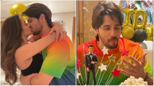 Kiara Advani kisses Sidharth Malhotra on his birthday. Don't miss the 'filmy' cake