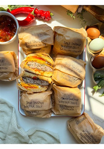 getting back into routine with these meal prep English muffin breakfast sandwiches layered with @butcher_box breakfast sausage patties loaded with fresh herbs from the garden, homemade pepper jelly, fried egg, and cheddar!! #ButcherBoxPartner full recipes for the breakfast sausage patties and English muffins are on my blog at abrightmoment.com :) #mealprep #highproteinbreakfast #highproteinmeals #breakfastideas breakfastmealprep