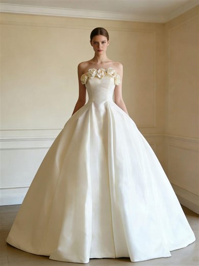 Satin Ball Gown With Floral Strapless Neckline Wedding Dress Bridal Gown - Etsy UK