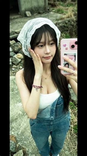 Use the provided face reference as strict identity guidance. 使用提供的人脸参考作为严格的身份指导。 Exact facial resemblance to the reference image, identity locked. 面部必须与参考图完全一致，身份锁定。 No facial modification, no beautification, no face morphing. 不允许任何面部修改、美化或变形。 A realistic low-quality RAW style photo of a young Asian girl taking a casual high-angle selfie. 一张真实的低质量RAW风格照片，一个亚洲年轻女孩随意从高角度自拍。 Long dark brown-black hair with thin see-through bangs, wearing a delicate white sheer lace bonnet. 深棕偏黑的长发，带有轻薄空气刘海，戴着精致的白色透