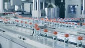Large Conveyor Belt with Glass Vials inside Modern Pharmaceutical...