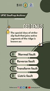 Test your geological insight: identify the special class of strike-slip fault that links active ridge segments. #GeologyQuiz #EarthScience #Tectonics #Geoscience #GeologyKnowledge #AcademicQuiz | Geological Survey of India