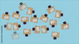 call center office employees laboring at workplaces, top view, camera departure, cartoon Stock Video