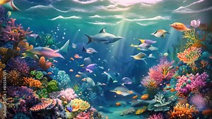 A colorful underwater painting depicting a thriving ocean scene with schools of fish swimming among vibrant corals, An underwater scene with colorful fish and coral reefs