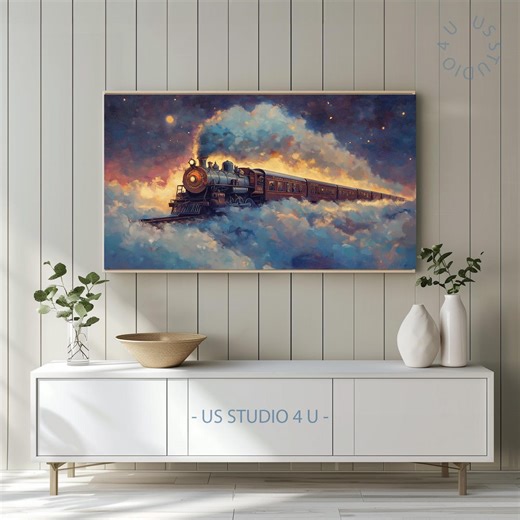 Vintage Dream Train Painting Frame TV Art, Moody Fantasy Locomotive Wall Decor, Starry Sky Scene, Digital Download, Classic Artwork 414 - Etsy