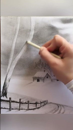 Whispers of Birch: Beginner's Guide to Drawing a Winter Cottage in Graphite and Charcoal #shorts