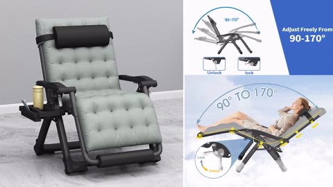 Oversized Zero Gravity Chair with Cushion XXL, 33In Padded Lounge Chair, Recliner Camping Chair W/Full-Alu Alloy Lock, Cushion, Storage Bag, Footrest, Cup Holder, Folding Chair Support 500lbs, Black