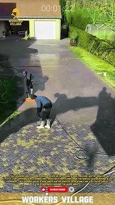 Two workers are cleaning a paving block or path using a high-pressure water sprayer #workersvillage