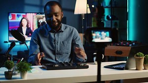 BIPOC content creator filming technology review of newly released DJ controller, unpacking it and presenting specifications to audience. Influencer showing sound mixer to fans