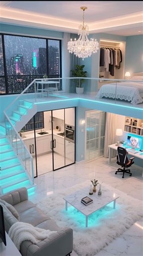 Cozy Modern Loft 🌙 Big Windows & Glowing Stairs