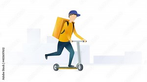 A Delivery Man rides a scooter. Express food delivery cartoon animation concept. Boy with big bag box makes a delivery. Urban view. 4k loop animation concept.