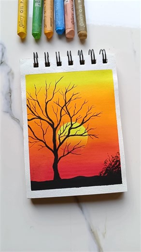 Sunset Tree Silhouette 🌅🌳 | Oil Pastel Drawing #Shorts