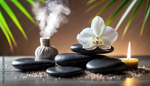 Relaxing spa scene white orchid flower, dark stones, candlelight and smoke diffuser. Wellness and meditation themes