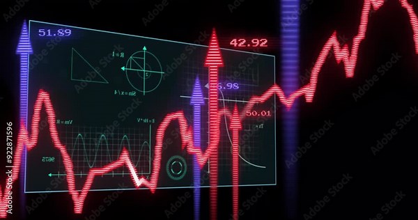 Financial data and mathematical graphs animation over fluctuating red line chart
