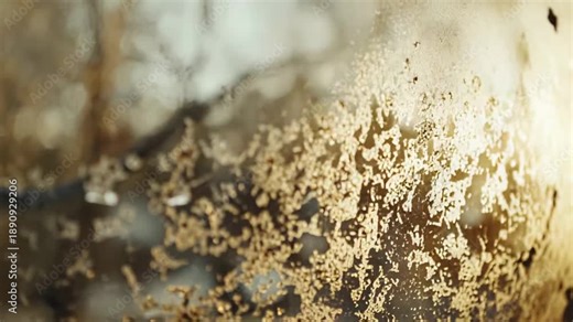 Ice crystals and frozen patterns forming on a glass surface receive warm golden light, creating an abstract texture with soft reflections and out of focus background