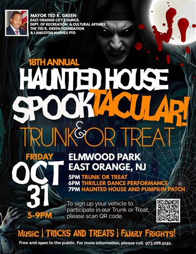 13K views · 115 reactions | Save the Date for our Haunted House Spooktacular & Trunk or Treat for thrills and chills on Fri, Oct 31 at Elmwood Park between 5pm-9pm! Bring your crew and bring your boo!! This is going to a frightful night of family fun!! #HauntedHouseSpooktacular #TrunkOrTreat #ElmwoodPark #EastOrange #OneCity #OneCommunity | East Orange City Hall | Facebook