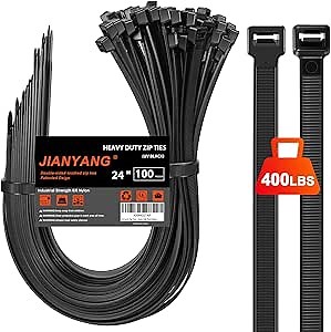 Long Zip Ties Heavy Duty 24 inch，400 LBS Tensile Strength With Double Sided Toothed Super Durable Cable Ties ，Extra Large Wire Ties Adjustable Nylon Tie Wraps for Indoor Outdoor （100 Pack Black）