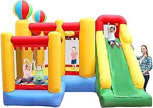 BESTPARTY Inflatable Bounce House,6 in 1 Bouncy Castle with Blower for Kids,Blow Up Jumping Bouncer with Slide,Climbing Wall,Ball Pit,Basket Hoop Crawling Tunnel for Indoor Outdoor