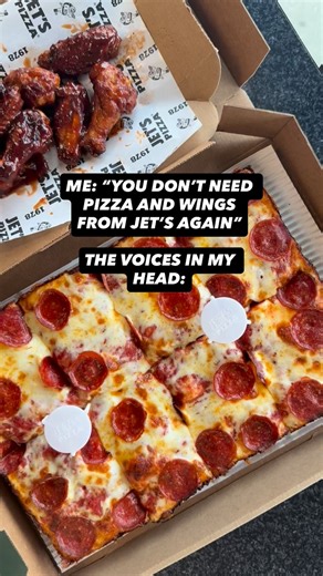 The voices in your head are right this time 👀🍕 Dooooooo it. Large 1-topping for $16.99 add wings for just $6 with code WINGIT. Order at the link in bio or www.jetspizza.com | Jet's Pizza