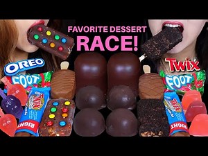 ASMR OUR FAVORITE DESSERT RACE! GIANT CHOCOLATE MARSHMALLOWS, TWIX CANDY ICE CREAM BAR, M&MS, OREO먹방