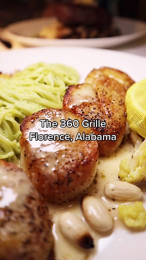 The 360 Grille in Florence, Alabama is a rotating fine dining restaurant that overlooks the TN Valley. Great food and spectacular views! #eatingalabama #alabama #florencealabama #finedining #360grille #rotatingrestaurant #beautifulview #tennesseevalley #scallops #steak #foodtok #foodtiktok #southern