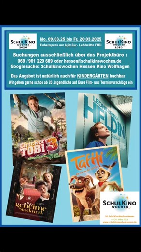 🎉🍿 Schulkinowochen Hessen 2026 🍿🎉 Im März ist es wieder soweit🤩🎥 Von Montag, 07.03. bis Freitag, 20.03. wird unser Kino jeden Vormittag zum Klassenzimmer 🏫➡️🎬 Lernen mal anders – mit Popcorn-Feeling 🍿😍 🎟️ Tickets für Schüler:innen & Kita-Kinder 👉 Einheitspreis: nur 5 € 💸✨ 👩‍🏫👨‍🏫 Lehrkräfte: FREI! 🙌🎉 📲 Anmeldung ausschließlich über die Homepage der Schulkinowochen Hessen 🌐 oder 📞 telefonisch unter 069 961 220 689 Wir freuen uns riesig auf euch! 🥰🎞️ Euer Kino-Team ❤️🎬 #kin