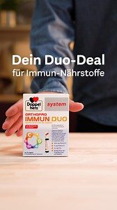 Dein Duo-Deal für starke Immun-Nährstoffe: Doppelherz system Orthopro Immun Duo unterstützt mit Vitamin A, Vitamin C, Vitamin D und Zink die normale Funktion des Immunsystems. Eine Tablette mit Vitamin C & A trifft auf ein Trinkfläschchen mit Vitamin D & Eisen. Nur 1x täglich – praktisch und mit 21 ausgewählten Vitaminen und Spurenelementen. #doppelherz #orhtopro #immun #immunsystem | Doppelherz Austria