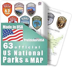 1.4 x 2.0 Shields Collection Stickers Set 63 National Parks USA. Map of US National Parks.