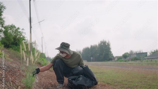 A commitment to community cleanup Dedicated Asian men wearing gloves and hats, diligently perform their duties in natural areas, picking up litter to promote a cleaner environment.