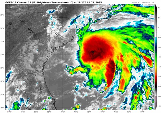 I'm growing more concerned about Tropical Storm Chantal for North Carolina, as a significant flooding threat could evolve... Due to wind shear, this likely won't become anything more than a mid-grade tropical storm. However, the east side of this tropical storm could dump a widespread 2-5" of rain, with some localized spots as high as 10" of rain. We need to keep a very close eye on this. | Meteorologist Max Velocity