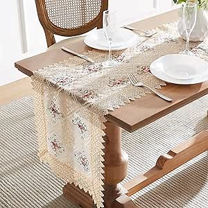 Warm Home Designs Gold Lace Table Runner. Embroidered with Intricate Flower Design. Can Be Used As Dresser Scarf or Dining Table Runner. VTR Linen 48