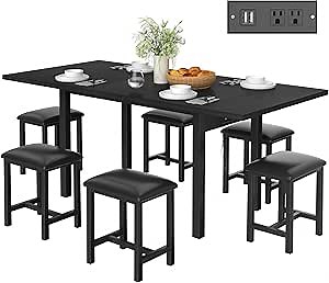 VECELO 7-Piece Dining Table Set with 6 Square Stools, 63" Expandable Kitchen Table with USB Charging & Metal Frame for 2/4/6, Wood Dinette Perfect for Small Spaces, Easy Assembly, Black
