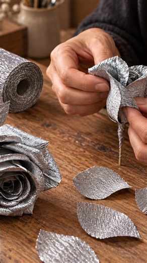 DIY Metallic Crepe Paper Rose | 10th Wedding Anniversary Aluminum Gift #crepepaperflower