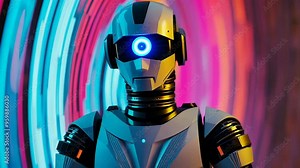 Exploring a futuristic humanoid robot against a vibrant digital backdrop in an art exhibit