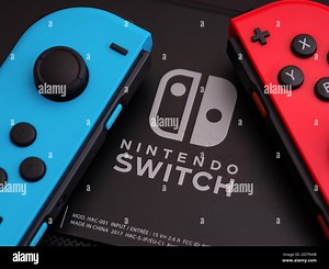 Tambov, Russian Federation - September 28, 2021 Back of Nintendo Switch video game console with Nintendo Switch logo and two Joy-Cons (red and blue Stock Photo - Alamy