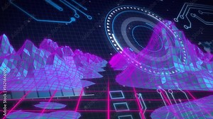 On loop start, neon grid with rotating HUD pulsing, panels emerging to visualize retro navigation